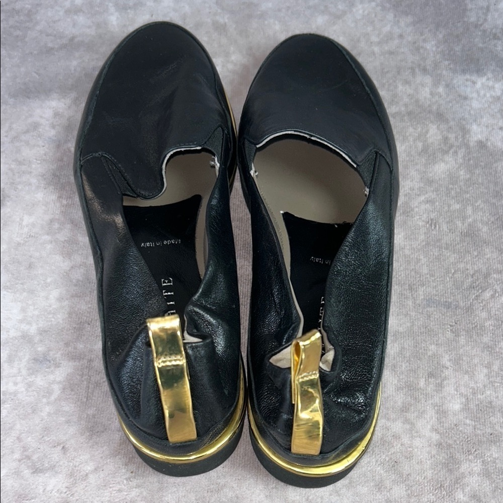 Ron White Unsized NWOT Black Leather Slip-On Loafers Gold Trim Women US 6 1/2 - Picture 4 of 8